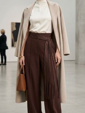Sophisticated Cartise Brown Wide Leg Statement Fringe Dress Pants